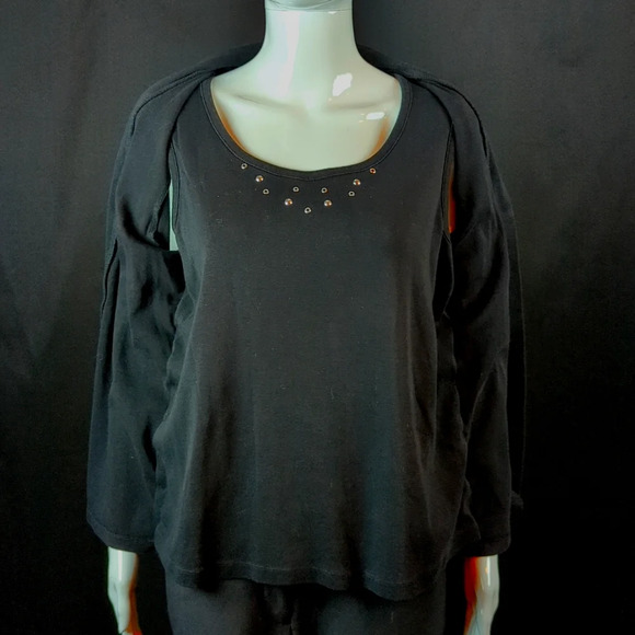 Rafaella sz Large Jet Black Cardigan / Tank Top With Silver Studded Embelishment - Picture 3 of 8